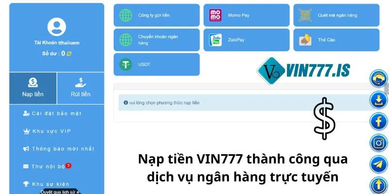 Nạp tiền VIN777 thành công qua dịch vụ ngân hàng trực tuyến